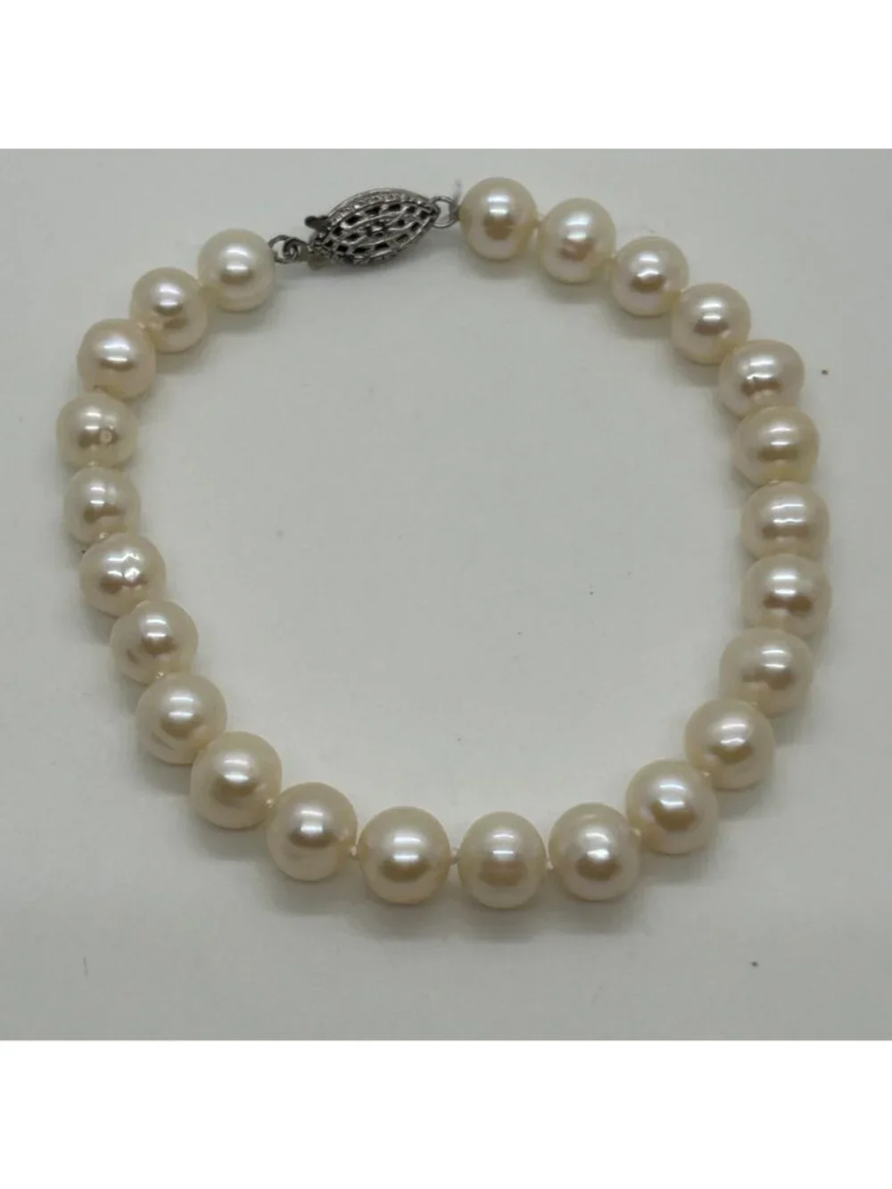 Faux Pearl Strand Bracelet Silver Tone Cream Color Filigree Clasp Elegant Weddin